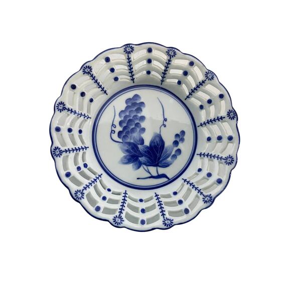 Jinding Chinese Blue and White Porcelain Bowl Grapes and Vine Vintage 8 x 15 - Picture 5 of 8